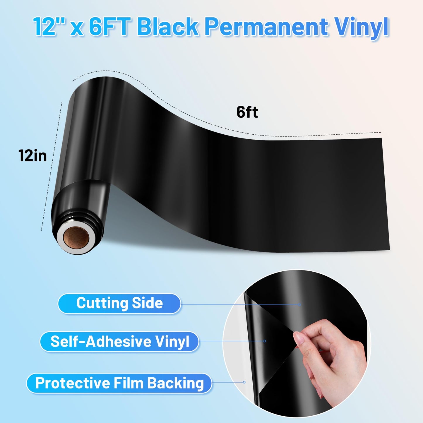 JAVIGA Black Permanent Vinyl, Black Vinyl for Cricut Machine, 12'' x 6 FT Black Adhesive Glossy Vinyl Roll for Daily DIY Party Art Decorations, Indoor Outdoor Wall Stickers, Mug Decals, Card, Car Signs