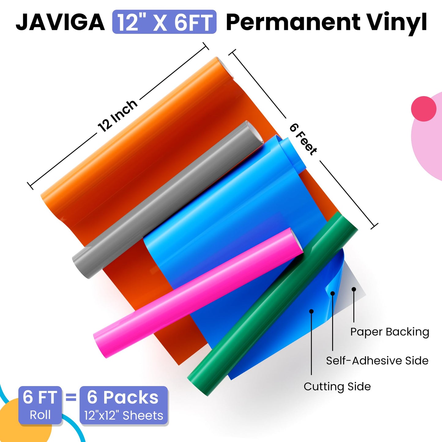 JAVIGA Dull Gold Permanent Vinyl, Gold Vinyl for Cricut, 12'' x 6 FT Glossy Golden Adhesive Vinyl Roll for Wedding Art Decor, Wall Stickers, Mug Decals, Car Signs, Birthday Card, DIY Indoor Decorations