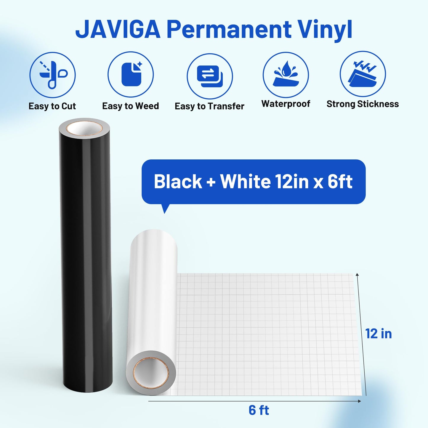 JAVIGA Vinilo Permanente Blanco & Negro Brillante 2 Rollo, Vinilo Adhesivo 30.5 x 183cm para Cricut, Vinilo Impermeable Permanente para Decoraciones y Recuerdoss, Pegatinas de Pared, DIY Mug Party