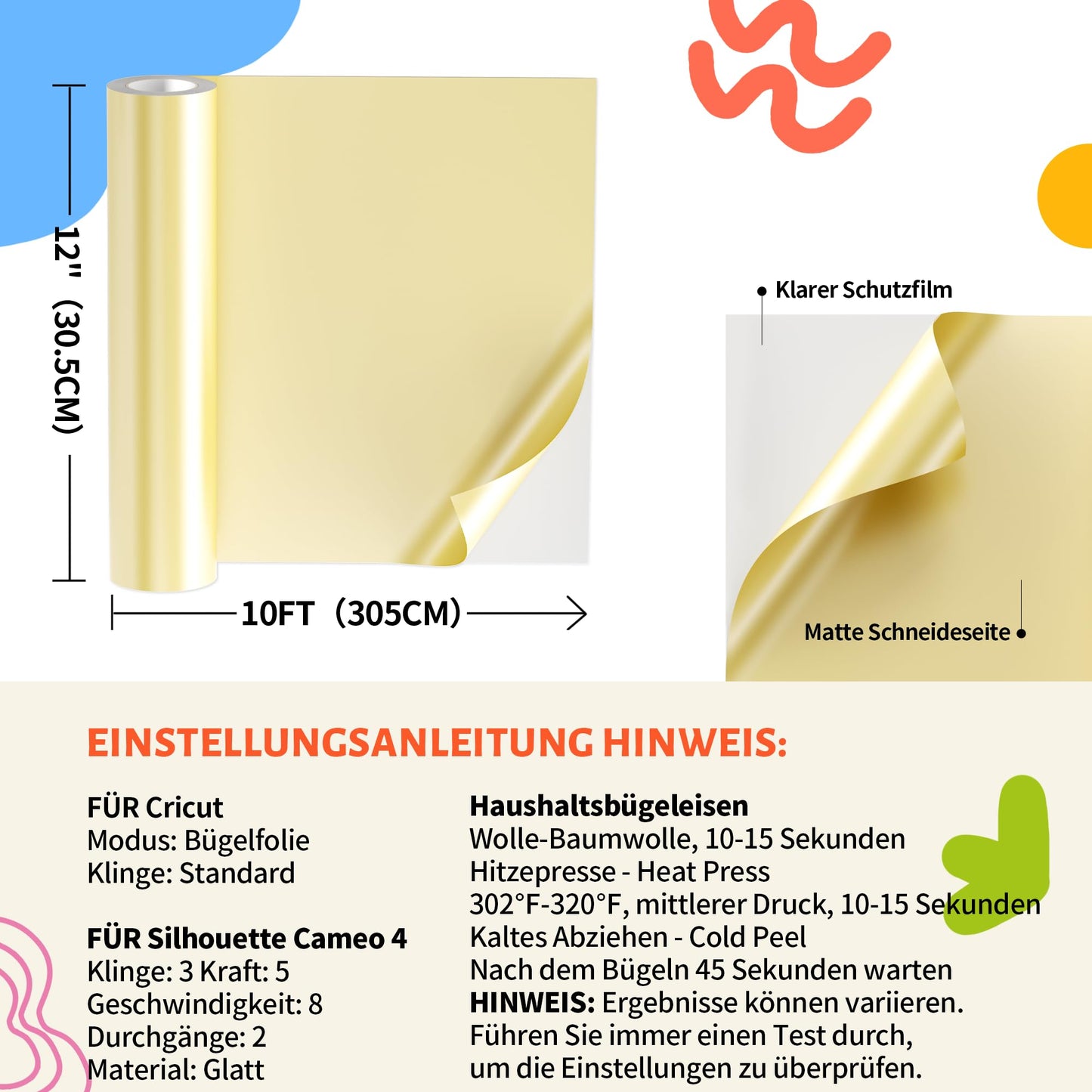 JAVIGA Plotterfolie Textil - 30.5cm x 3m für PlotterMaschine, Gold Flexfolie Plotterfolie Vinyl für DIY T-Shirts & Stoffe, Textilfolie Plotter Eine Rolle