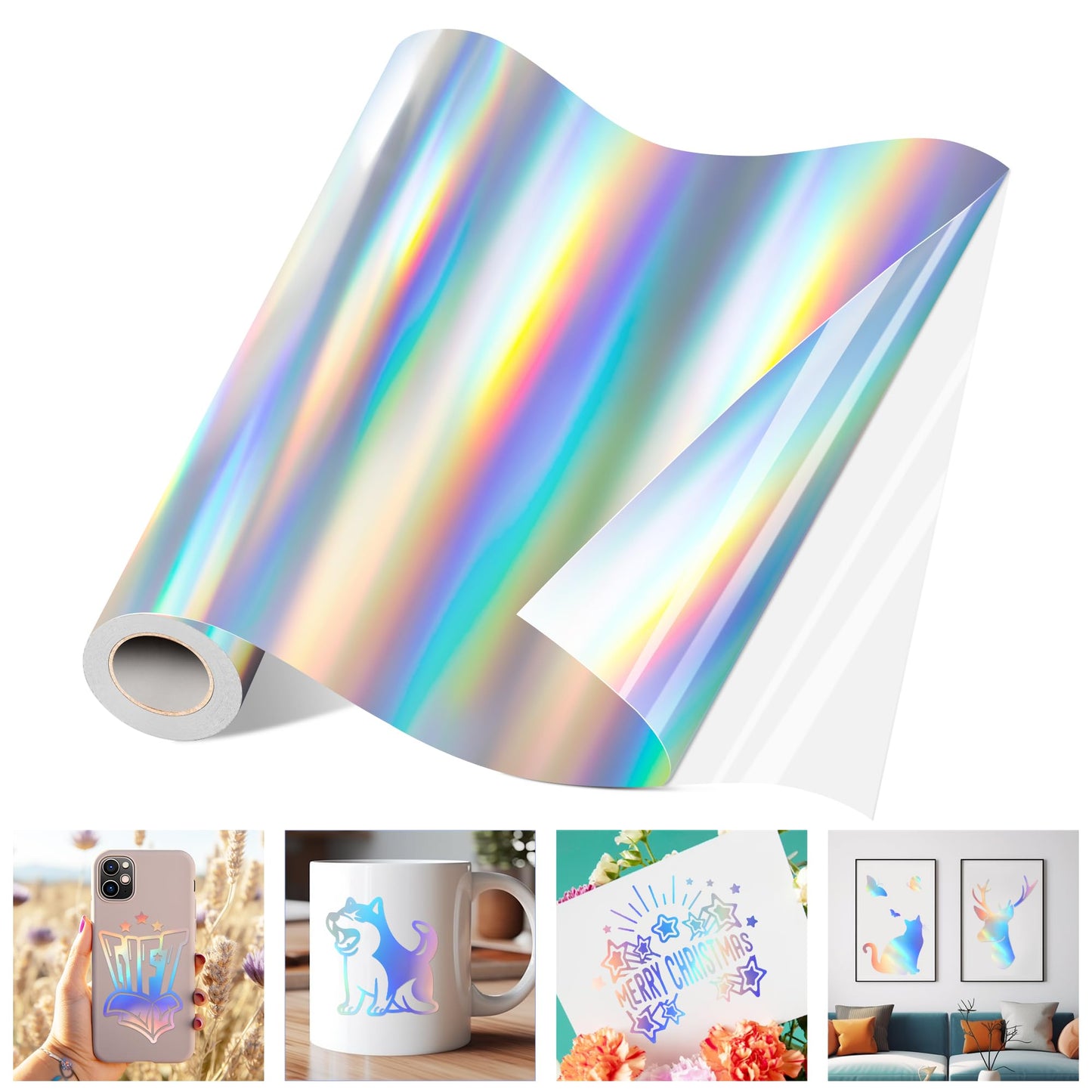 JAVIGA Holographic Vinyl for Cricut, Holographic Silver Permanent Vinyl 12'' x 6FT, Adhesive Roll for Daily DIY Projects, Mug, Signs, Wedding Party Wall Stickers, Home Outdoor Art Decoration, Car Decal