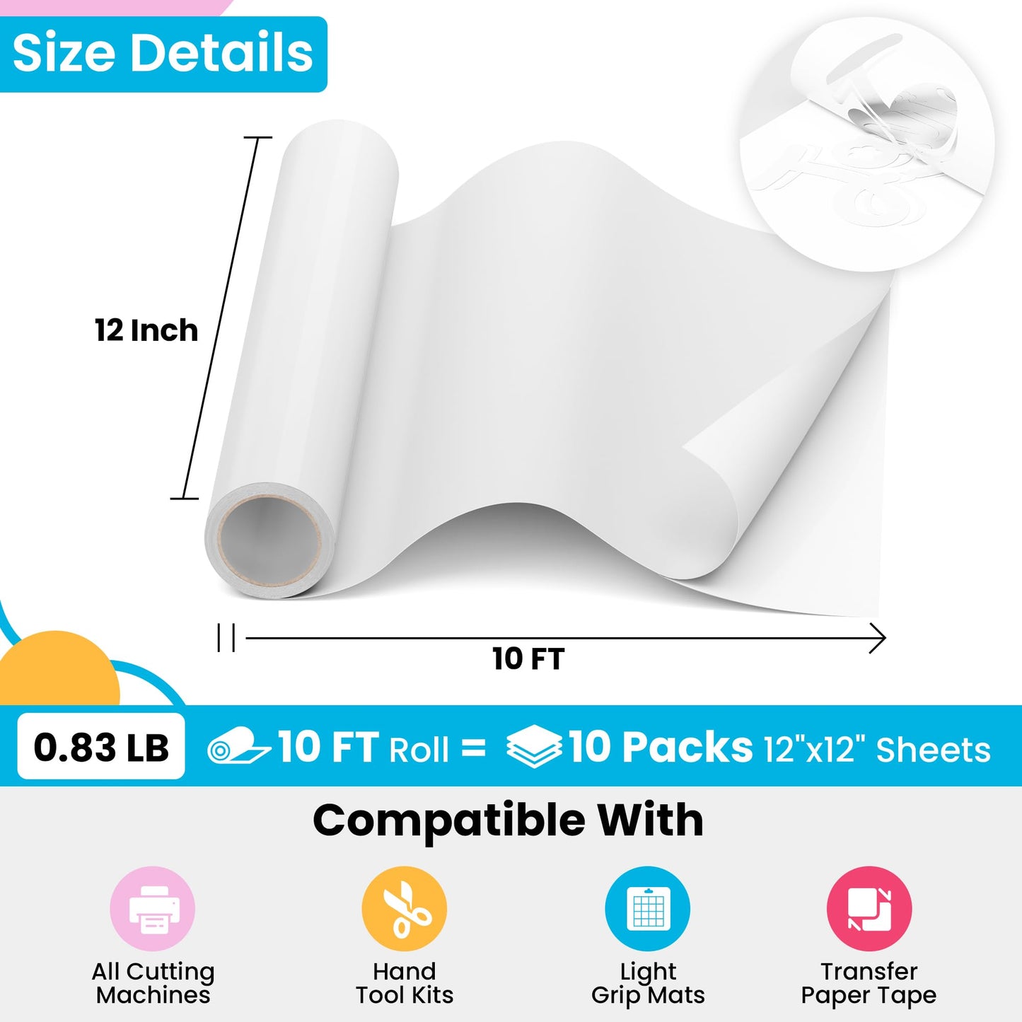 JAVIGA White Permanent Vinyl for Cricut, White Vinyl for Silhouette, Cameo Cutters, 12'' x 10FT Glossy White Adhesive Vinyl Roll, DIY Wall Stickers, Mug, Car Decals, Art Signs, Scrapbooking, Card Decor