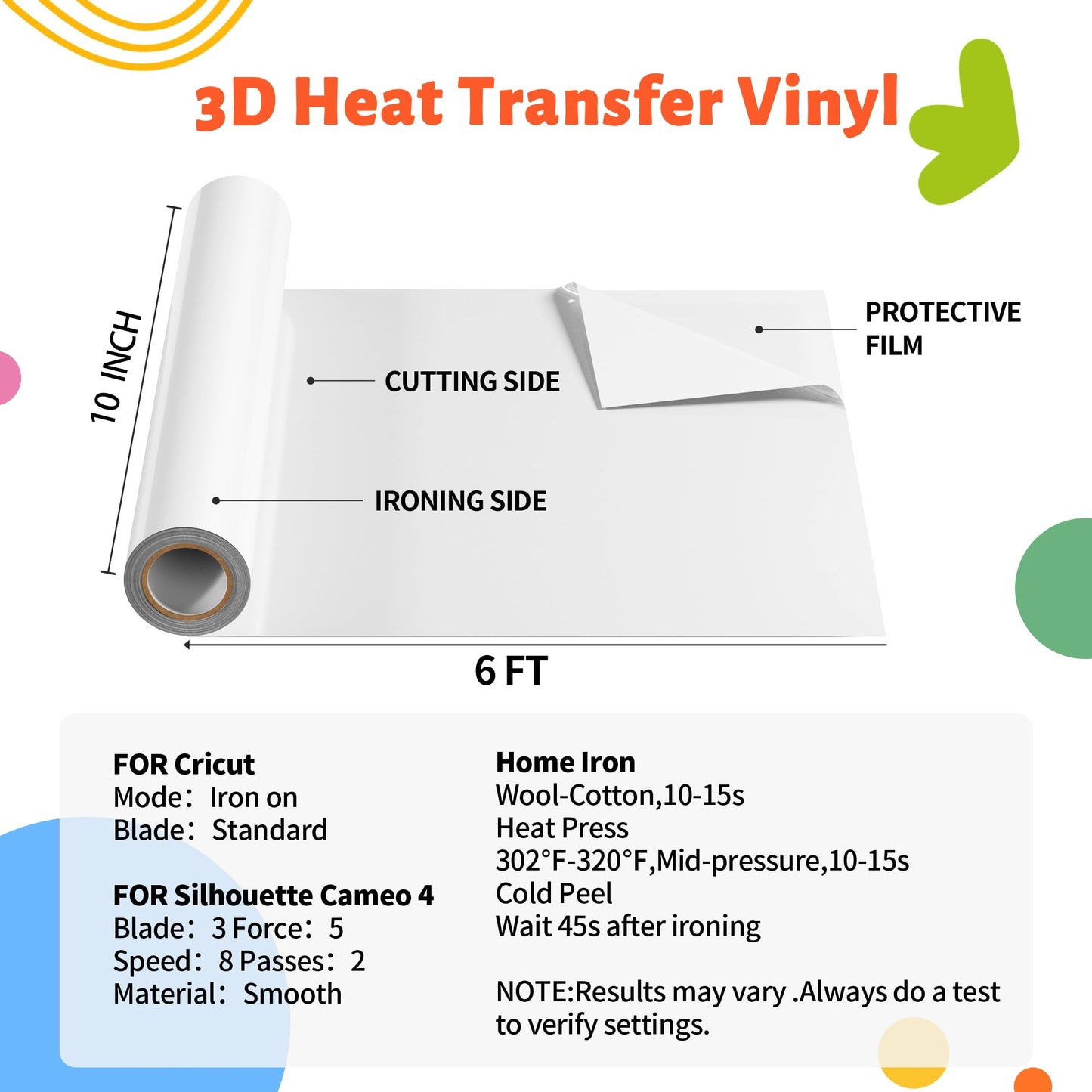 JAVIGA White Puff Vinyl Heat Transfer, 10''x 6FT Iron on Vinyl Compatible with Cricut and All Cutting Machine, DIY Heat Transfer Vinyl Roll Design