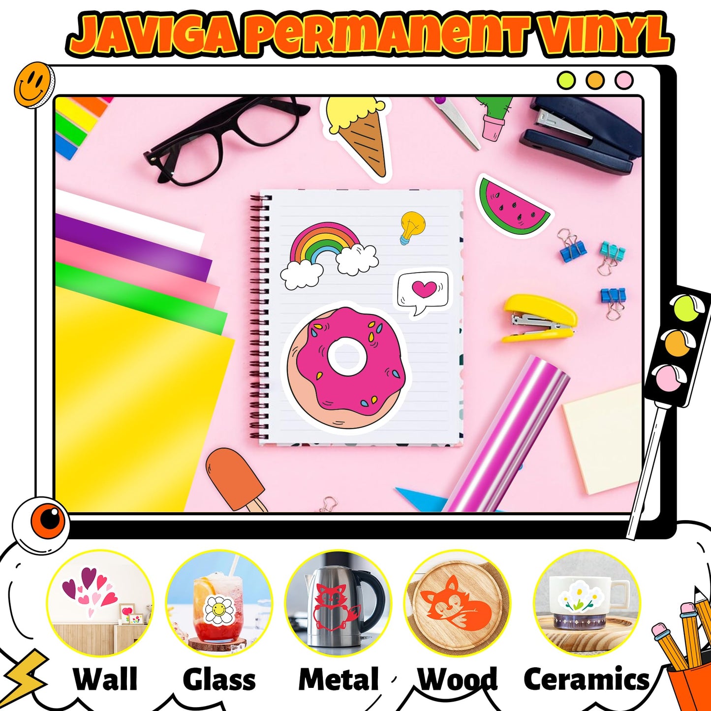 JAVIGA Yellow Permanent Vinyl for Cricut, Silhouette, Cameo, 12'' x 40 FT Yellow Vinyl for Birthday DIY Party Decoration, Glossy Adhesive Vinyl Roll for Wall Stickers, Mug, Festivals, Signs, Car Decals