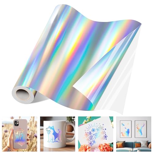 JAVIGA Holographic Silver Permanent Vinyl Roll 12'' x 6 Ft Self Adhesive Vinyl Compatible with Cricut, Silhouette, Cameo Cutters, for Signs, Scrapbooking and Easter Decor