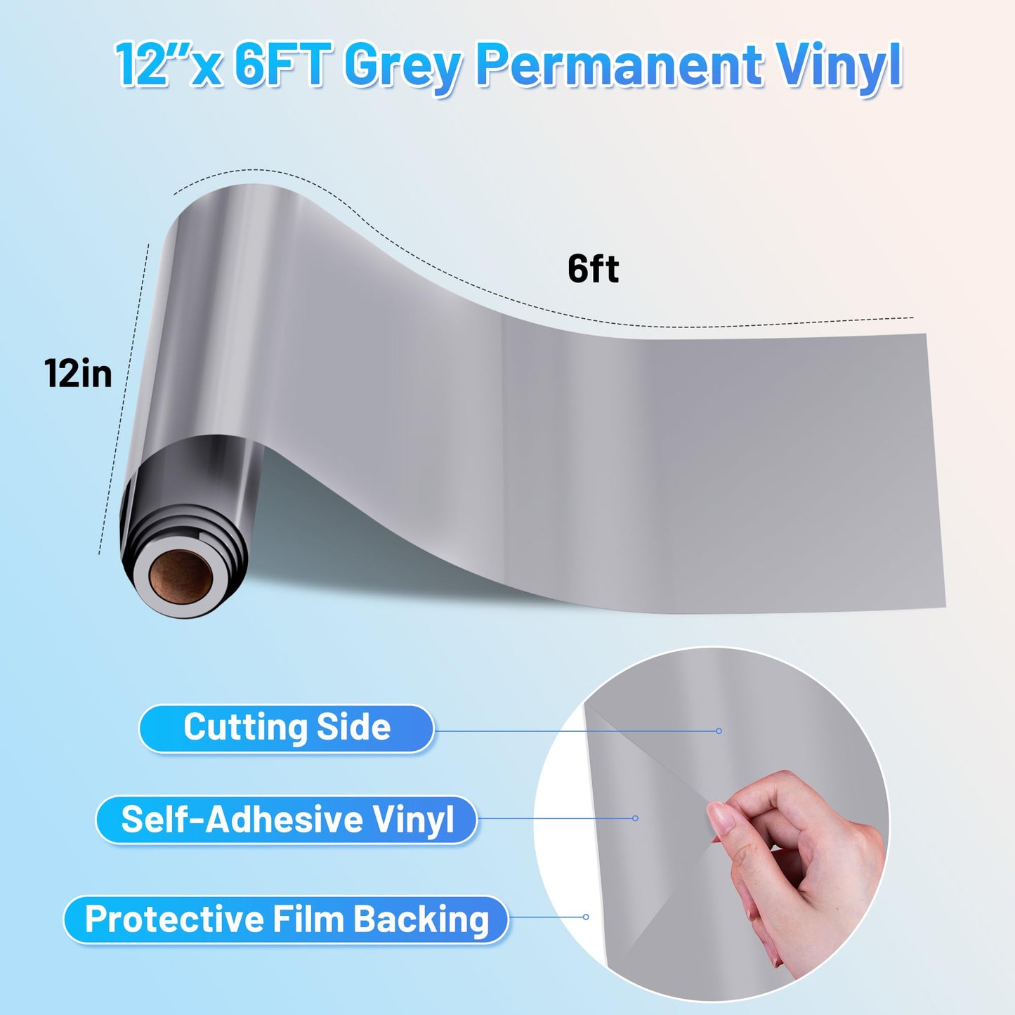 JAVIGA Grey Permanent Vinyl Roll for Cutting Machines, 12'' x 6FT Glossy Adhesive Vinyl Roll for Party Decorations, Indoor & Outdoor DIY Mug, Wall Decals Stickers
