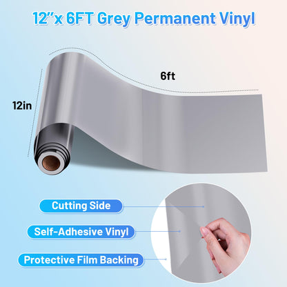 JAVIGA Grey Permanent Vinyl Roll for Cutting Machines, 12'' x 6FT Glossy Adhesive Vinyl Roll for Party Decorations, Indoor & Outdoor DIY Mug, Wall Decals Stickers