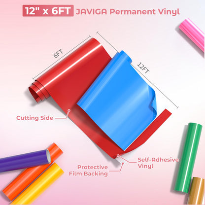 JAVIGA Red Permanent Vinyl Roll for Cutting Machines, 12'' x 6FT Glossy Adhesive Vinyl Roll for Party Decorations, Indoor & Outdoor DIY Mug, Wall Decals Stickers