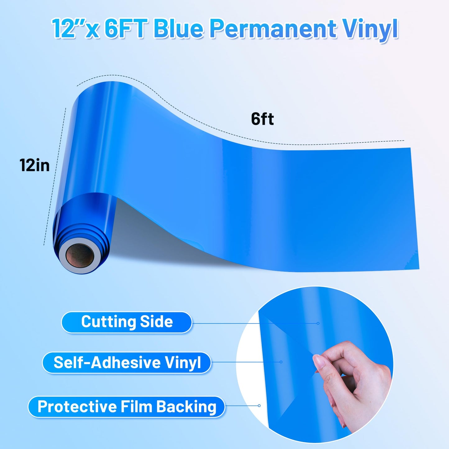 JAVIGA Blue Permanent Vinyl, Blue Vinyl for Cricut, Silhouette, Cameo, 12'' x 6 FT Glossy Blue Adhesive Vinyl Roll for Birthday Party Decorations, DIY Home Project, Wall Stickers, Car Signs, Mug Decals