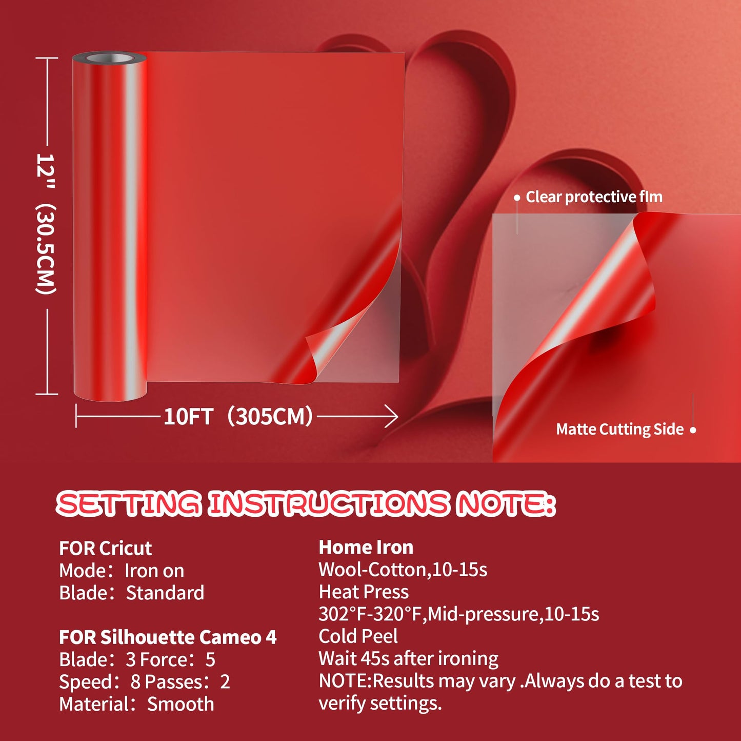 JAVIGA HTV Heat Transfer Vinyl Rolls-12 x 10ft, RED Iron on Vinyl for DIY Fabric, T Shirts, Other Textiles Compatible HTV Vinyl with Vinyl Craft Machine(1 Roll)