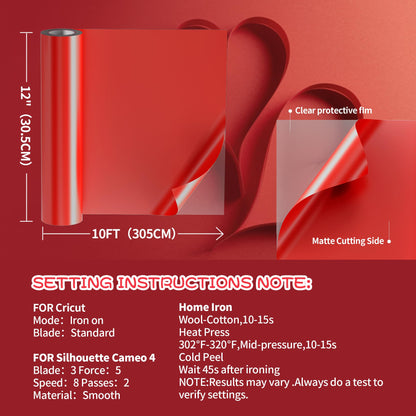 JAVIGA HTV Heat Transfer Vinyl Rolls-12 x 10ft, RED Iron on Vinyl for DIY Fabric, T Shirts, Other Textiles Compatible HTV Vinyl with Vinyl Craft Machine(1 Roll)