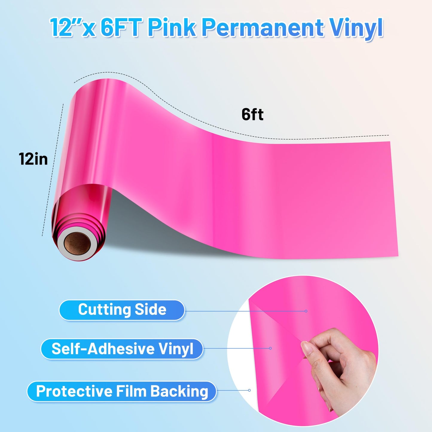 JAVIGA Pink Permanent Vinyl, Pink Vinyl for Cricut, Silhouette, Cameo Cutters, 12'' x 6 FT Glossy Pink Adhesive Vinyl Roll for Wedding Party Decorations, DIY Art Signs, Wall Stickers, Mug, Car Decals