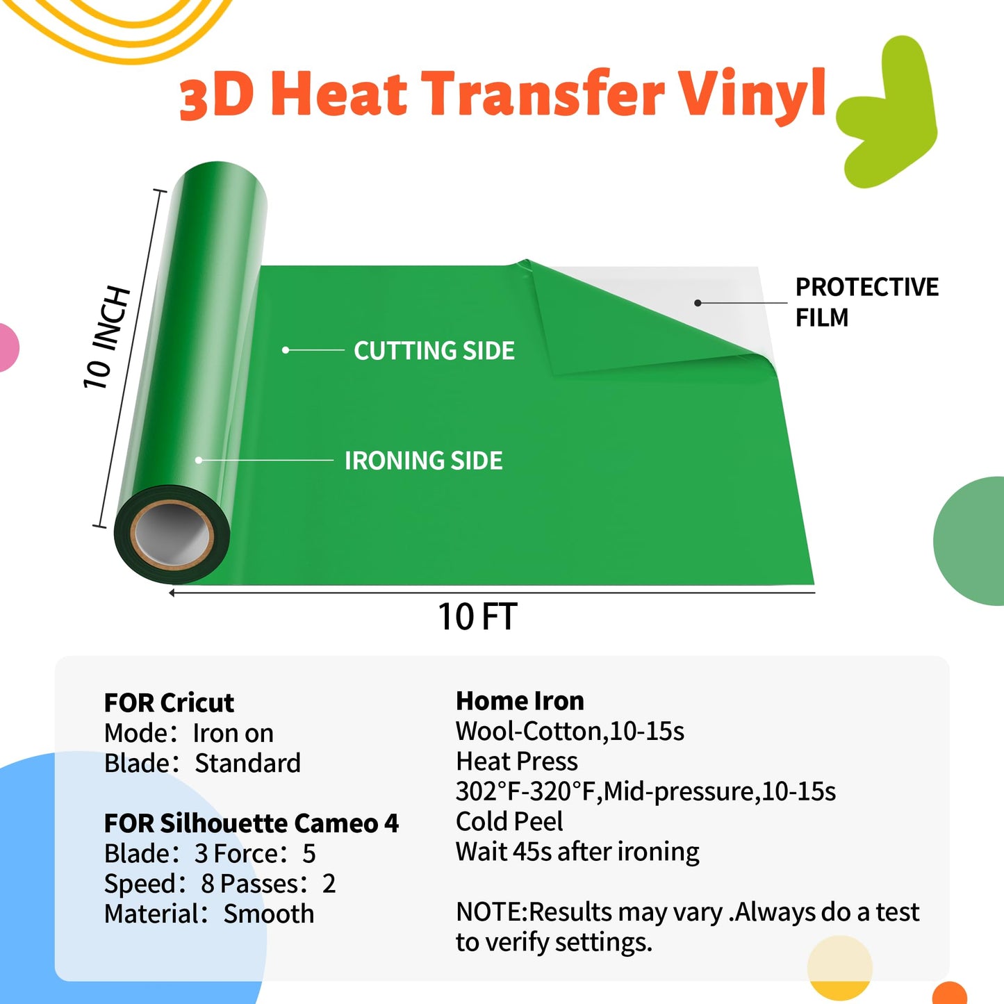JAVIGA Green Puff Vinyl Heat Transfer, 10''x 10FT Iron on Vinyl Compatible with Cricut and All Cutting Machine, DIY Heat Transfer Vinyl Roll Design