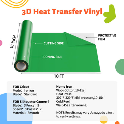 JAVIGA Green Puff Vinyl Heat Transfer, 10''x 10FT Iron on Vinyl Compatible with Cricut and All Cutting Machine, DIY Heat Transfer Vinyl Roll Design