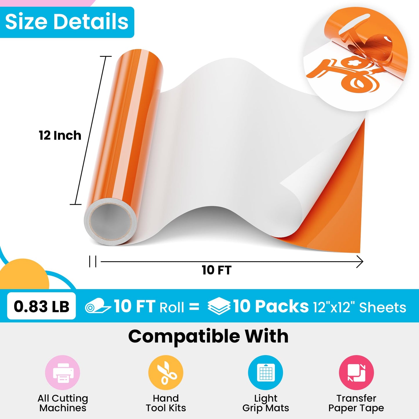 JAVIGA Orange Permanent Vinyl Roll for Cricut Cutting Machines, 12'' x 10 FT Glossy Adhesive Vinyl Roll for Party Decorations, Indoor & Outdoor DIY Mug, Wall Stickers, Decals