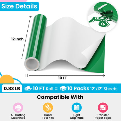 JAVIGA Green Permanent Vinyl Roll for Cutting Machines, 12'' x 10FT Glossy Adhesive Vinyl Roll for Party Decorations, Indoor & Outdoor DIY Mug, Wall Stickers, Decals