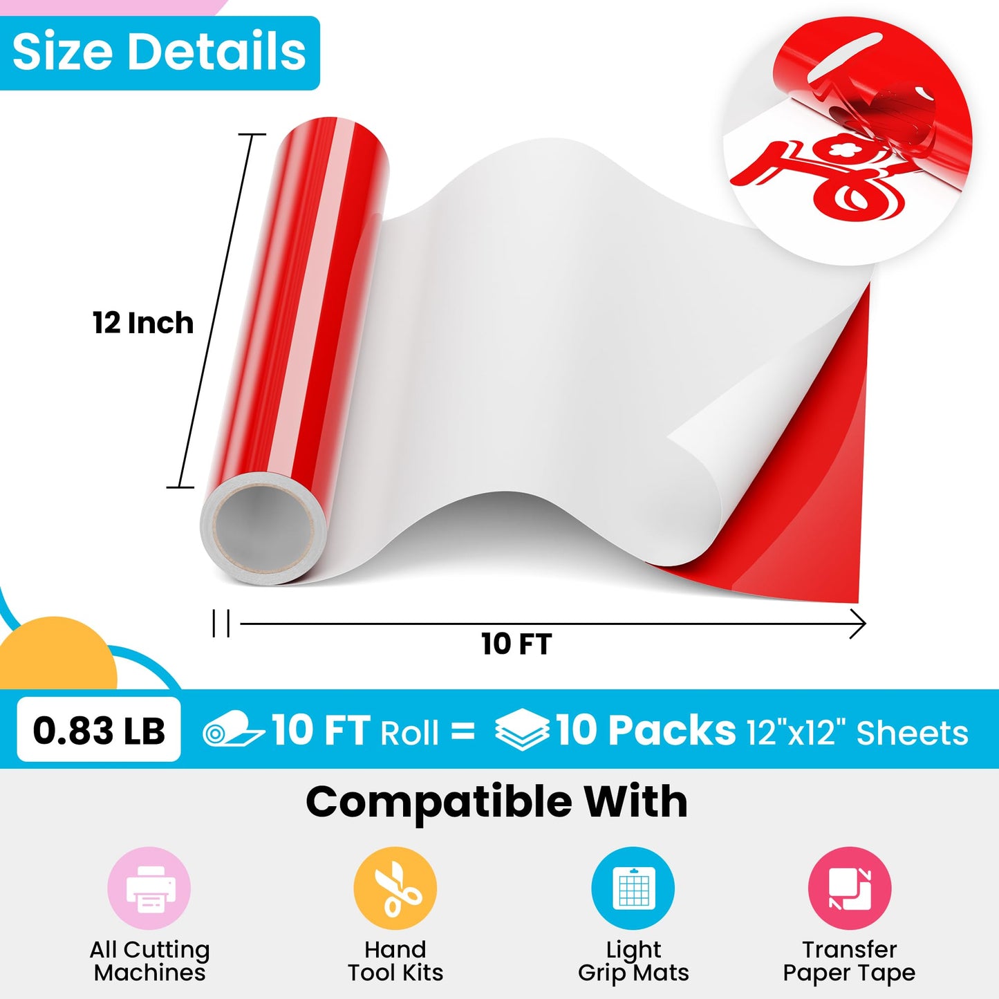 JAVIGA Red Permanent Vinyl for Wedding Decorations, Red Vinyl for Cricut, 12'' x 10FT Glossy Red Adhesive Vinyl Roll, DIY Birthday Cards, Indoor Wall Stickers, Car Decals, Mug Decor, Signs Craft Design