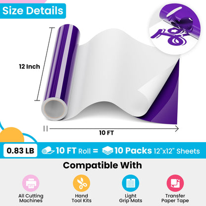 JAVIGA Purple Permanent Vinyl for Cricut, Purple Vinyl for Wedding Decorations, 12'' x 10FT Glossy Purple Adhesive Vinyl Roll, DIY Party Projects, Wall Stickers, Mug Art Decor, Car Decals, Signs, Cards