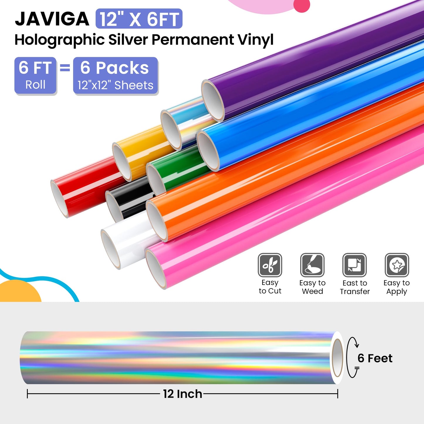 JAVIGA Holographic Vinyl for Cricut, Holographic Silver Permanent Vinyl 12'' x 6FT, Adhesive Roll for Daily DIY Projects, Mug, Signs, Wedding Party Wall Stickers, Home Outdoor Art Decoration, Car Decal