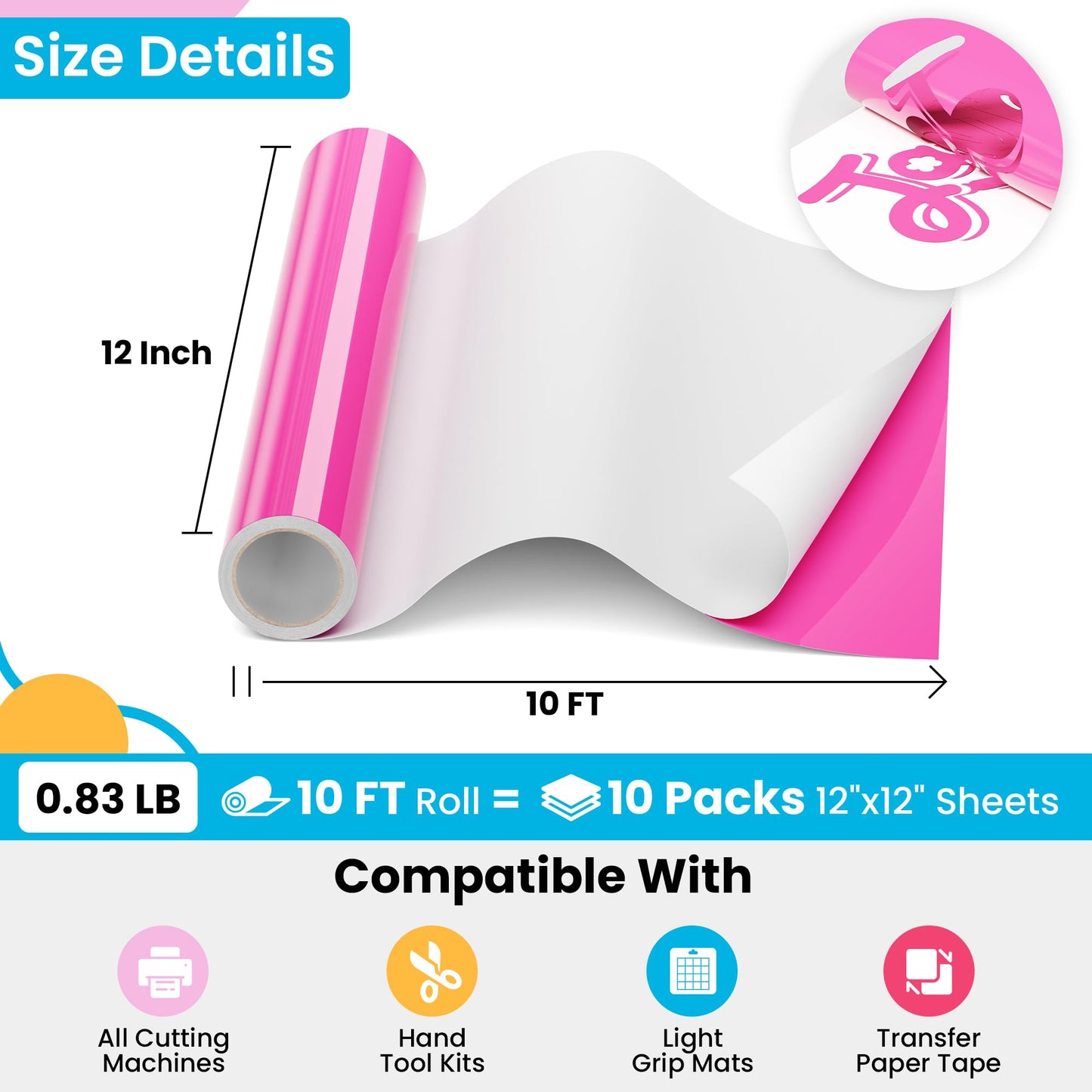 JAVIGA Pink Permanent Vinyl for Cricut, Silhouette, Cameo Cutters, Pink Vinyl for Wedding Party Decorations, 12'' x 10FT Glossy Pink Adhesive Vinyl Roll, DIY Art Signs, Wall Stickers, Mug, Car Decals