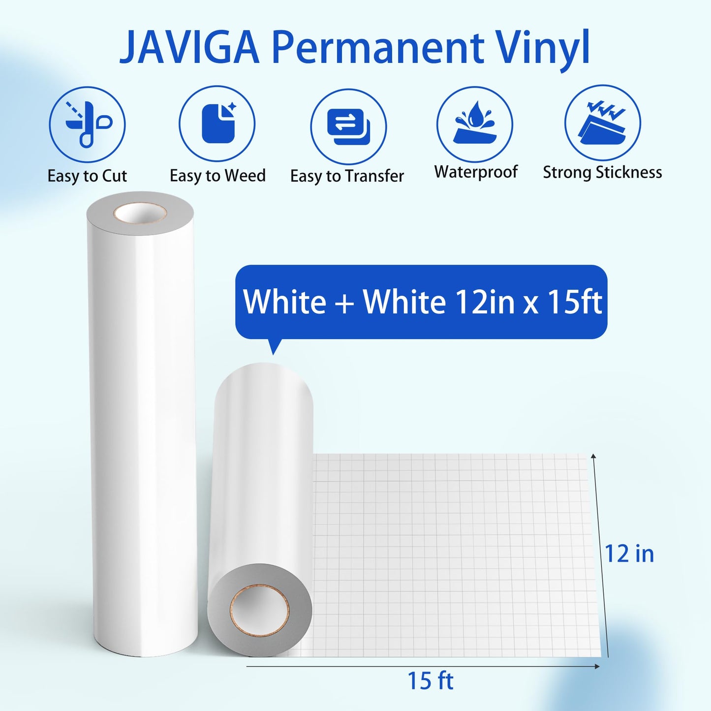 JAVIGA Vinilo Permanente Blanco Brillante 2 Rollo, Vinilo Adhesivo 30.5 x 457cm para Cricut, Vinilo Impermeable Permanente para Decoraciones y Recuerdoss, Pegatinas de Pared, DIY Mug Party Car Decal