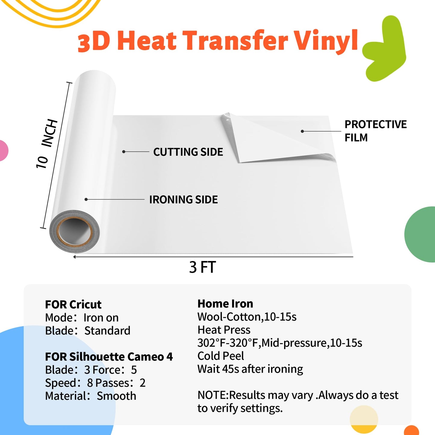 JAVIGA White Puff Vinyl Heat Transfer, 10''x 3FT Iron on Vinyl Compatible with Cricut and All Cutting Machine, DIY Heat Transfer Vinyl Roll Design
