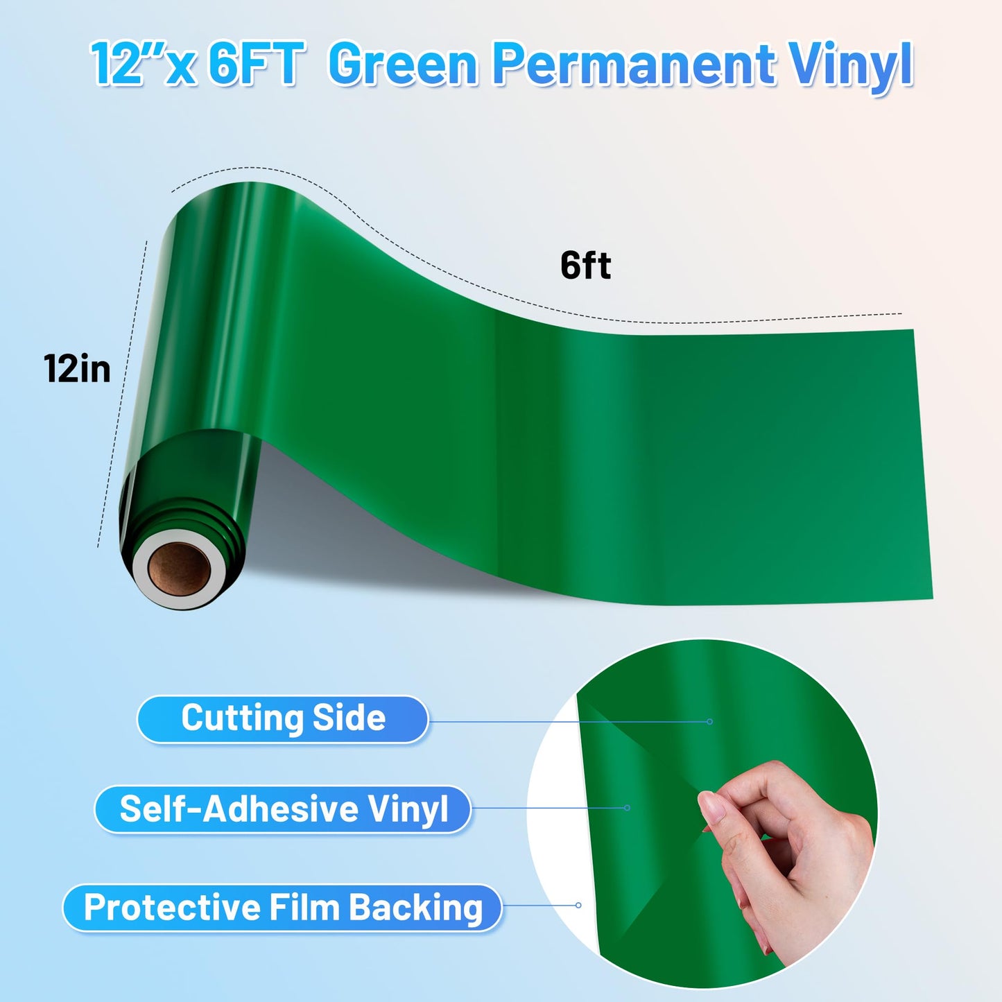 JAVIGA Green Permanent Vinyl, Green Vinyl for Cricut, 12'' x 6 FT Glossy Green Adhesive Vinyl Roll for DIY Indoor Decorations, Wedding Art Decor, Wall Stickers, Mug Decals, Car Signs, Birthday Cards