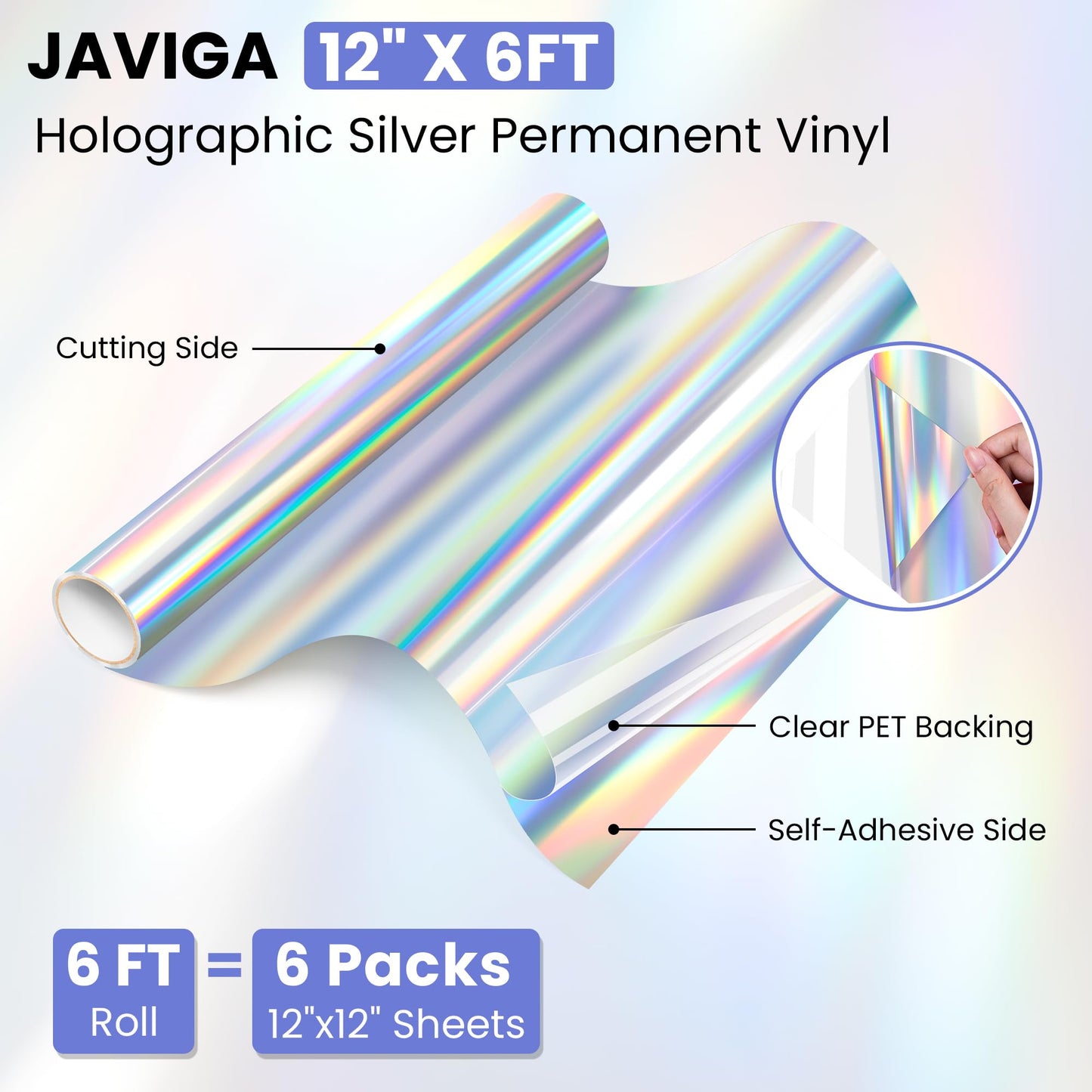 JAVIGA Holographic Vinyl for Cricut, Holographic Silver Permanent Vinyl 12'' x 6FT, Adhesive Roll for Daily DIY Projects, Mug, Signs, Wedding Party Wall Stickers, Home Outdoor Art Decoration, Car Decal