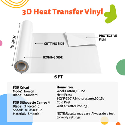 JAVIGA White Puff Vinyl Heat Transfer, 10''x 6FT Iron on Vinyl Compatible with Cricut and All Cutting Machine, DIY Heat Transfer Vinyl Roll Design