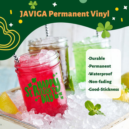 JAVIGA Green Permanent Vinyl Roll for Cutting Machines, 12'' x 10FT Glossy Adhesive Vinyl Roll for Party Decorations, Indoor & Outdoor DIY Mug, Wall Stickers, Decals